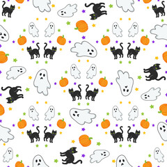 Ghost cat pattern. Spooky halloween kittens faces, horror animals and cute witchcraft cats seamless vector illustration. Halloween seamless cats wallpaper