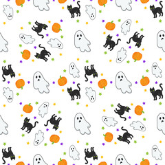 Cute halloween seamless pattern background. Pumpkin with witch hat, black cat, ghost and bats on purple background.