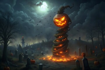 A towering vortex of glowing jack o lanterns swirls ominously under a full moon on halloween night