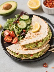 Avocado Quesadilla. Whole wheat quesadilla with mashed avocado, served with salad, cucumber, cherry tomatoes. Add lemon zest or chili flakes for a kick