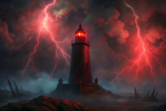 A solitary lighthouse stands defiantly against a dramatic sky filled with powerful red lightning strikes and stormy clouds