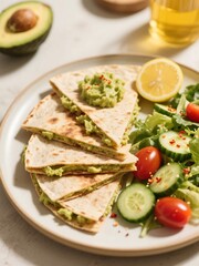 Avocado Quesadilla. Whole wheat quesadilla with mashed avocado, served with salad, cucumber, cherry tomatoes. Add lemon zest or chili flakes for a kick