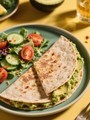 Avocado Quesadilla. Whole wheat quesadilla with mashed avocado, served with salad, cucumber, cherry tomatoes. Add lemon zest or chili flakes for a kick