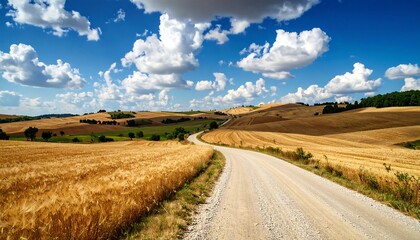 Fototapeta premium Country road through golden fields under a partly cloudy sky