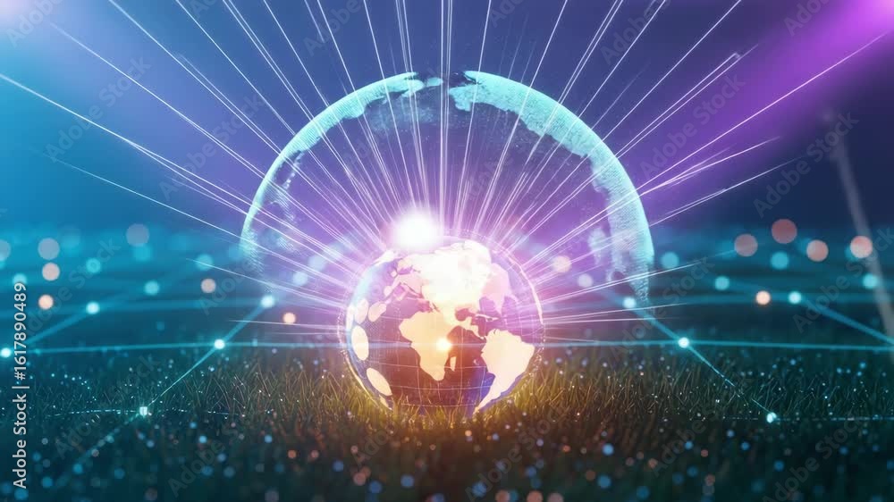 Poster a vibrant digital representation of the earth illuminated with colorful beams of light set against a