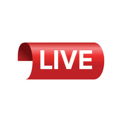 A red, curled ribbon displays "LIVE" in white, sans-serif font, centered, with a glossy, vibrant, and modern feel against a white background.
