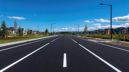 Empty road through new residential development under a vibrant blue sky