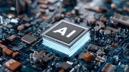 3D Render of AI Central Processing Unit on Electronic Circuit Board, Symbolizing Artificial Intelligence Technology, Data Processing, and Futuristic Digital Innovation
