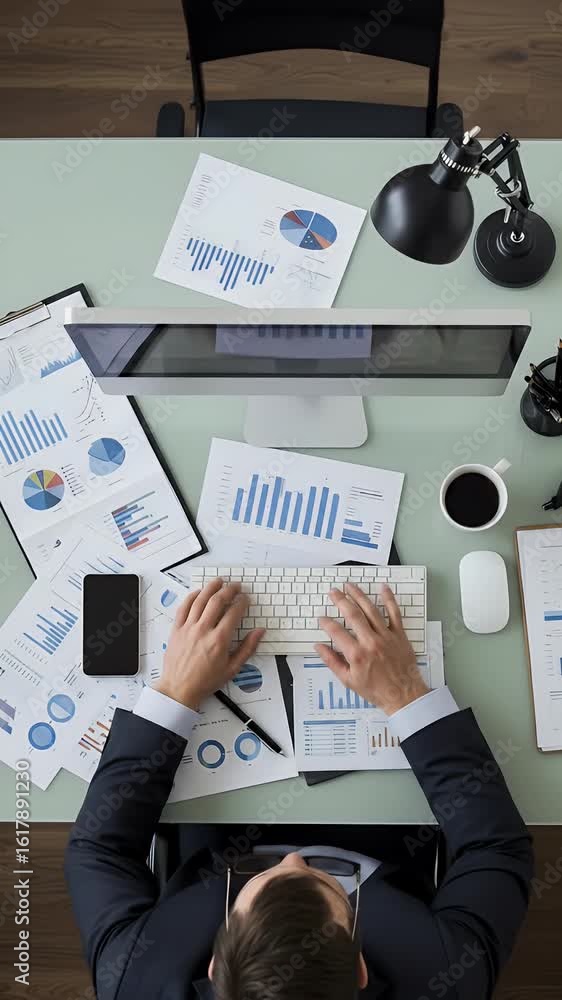 Poster top down view businessman working at desk with data analysis documents