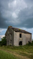 Obraz premium Dilapidated farmhouse beneath an ominous sky showcasing rural decay and abandonment in the countryside landscape providing a haunting atmosphere
