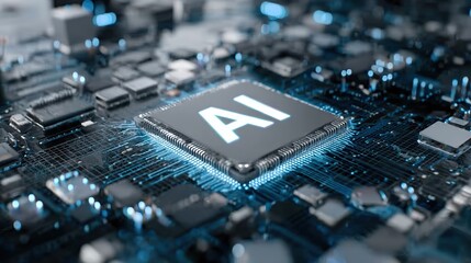 3D Render of AI Central Processing Unit on Electronic Circuit Board, Symbolizing Artificial Intelligence Technology, Data Processing, and Futuristic Digital Innovation
