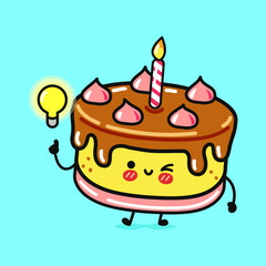 Adorable cartoon cake with a candle, winking with a lightbulb idea.