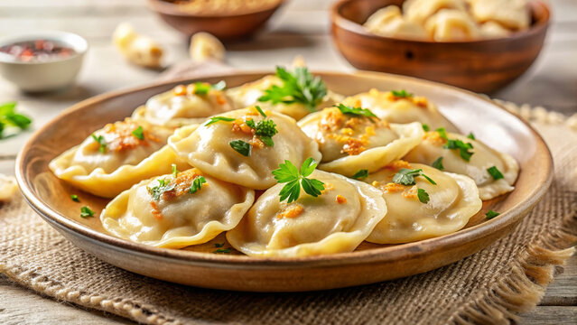 Polish dumplings Pierogi on Wooden Plate for Food Blogs, Restaurant Menus, Recipes, and Polish Cuisine Websites