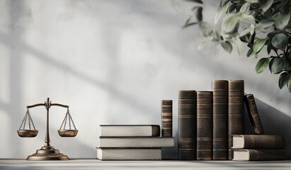 Old scales and modern leather-bound law books arranged on a table with a white wall background, featuring a plant for depth and contrast, ideal for lawyer-themed decor or design projects