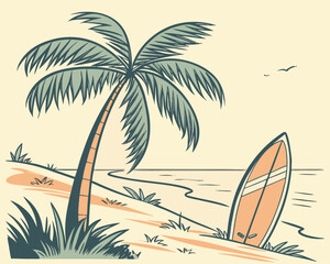 Cartoon Tropical Beach Scene with Palm Tree, Surfboard, Starfish, and Seashell on Sandy Island Illustration
