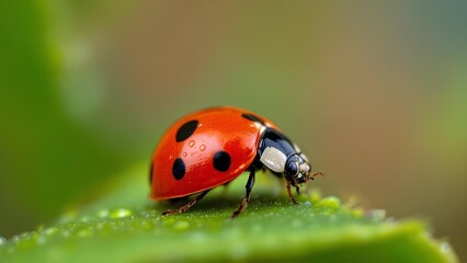 Fototapeta premium Red ladybug on green leaf with water drops, macro close-up