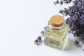Lavender essential oil still life. Herbal oil and lavender flowers on white background