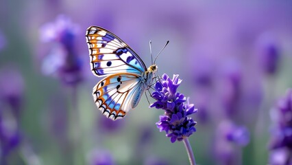 Naklejka premium Blue and white butterfly on purple lavender flower in field