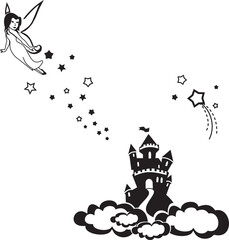 sketch vector illustration silhouette image design caricature icon logo symbol character ornament decoration decoration little fairy flying from ancient castle modern abstract style