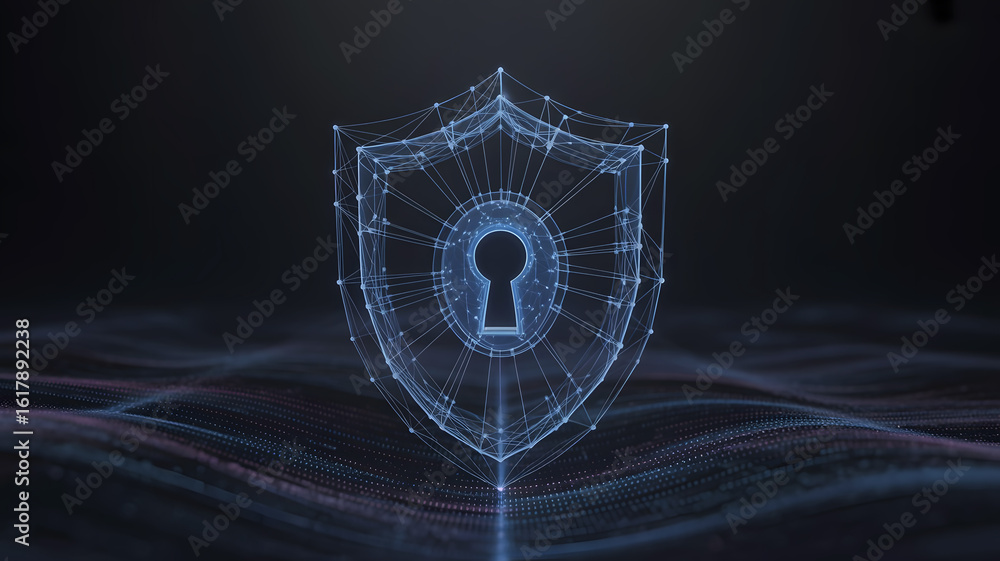 Poster futuristic digital shield with glowing keyhole symbolizing cyber security and data protection in a d