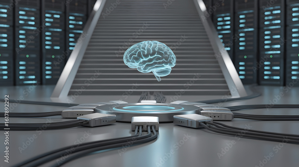 Poster futuristic holographic brain projection in a high tech server room with glowing lights and data rack