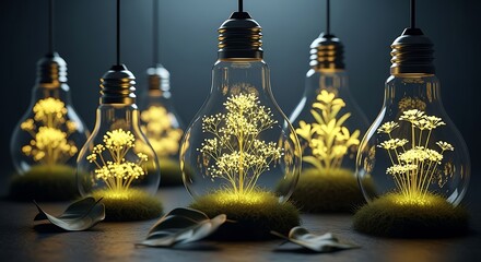 Conceptual image showcasing light bulbs with glowing plant life inside symbolizing sustainable energy eco friendly technology and the harmonious relationship between nature and innovation