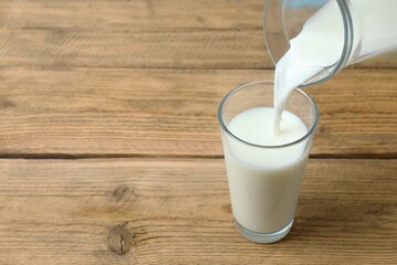 Pouring fresh milk from jug into glass at light wooden table in kitchen, closeup