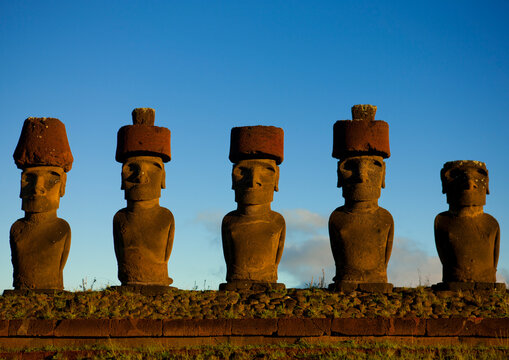 Moais in ahu nau nau at anakena beach, Easter Island, Hanga Roa, Chile