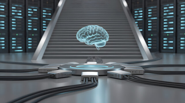 Futuristic holographic brain projection in a high tech server room with glowing lights and data racks
