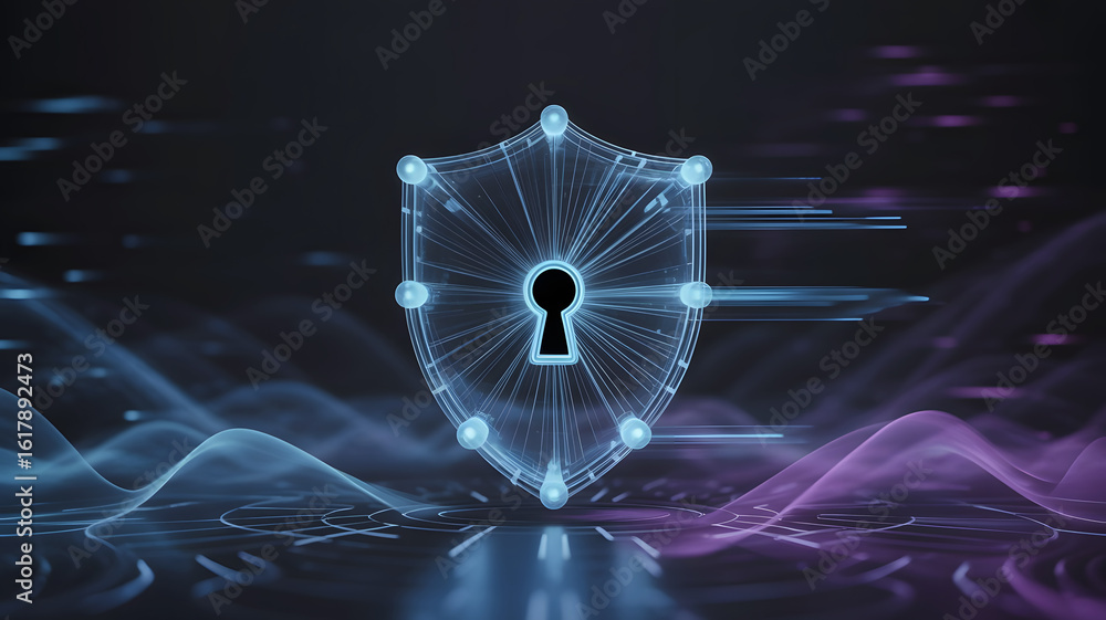 Poster futuristic digital shield with glowing keyhole symbolizing cybersecurity and data protection in a da