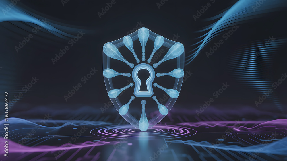 Poster futuristic glowing shield with a keyhole symbol representing digital security and data protection on