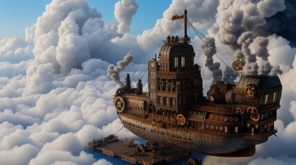 Majestic Steampunk Vessel Floating Amidst Clouds, Fantasy Adventure