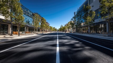 Obraz premium Empty city street lined with modern shops and businesses under a vibrant blue sky