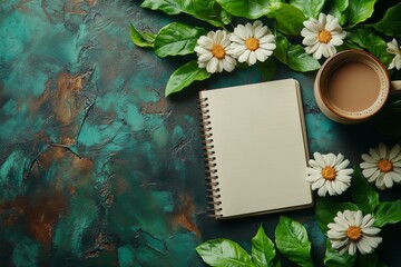 Open Notebook With White Daisies And Coffee Cup