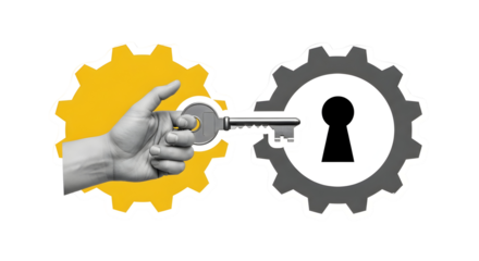 Unlocking Solutions: Hand with Key Ready to Open Gear with Keyhole Symbolizing Success