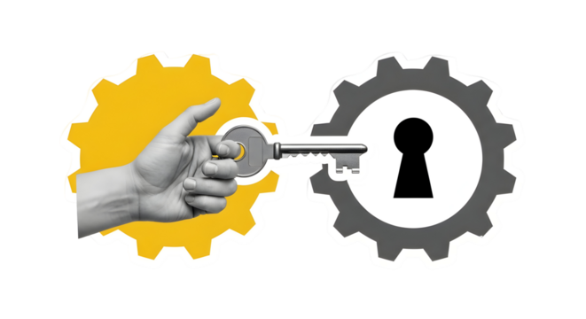 Unlocking Solutions: Hand with Key Ready to Open Gear with Keyhole Symbolizing Success - Powered by Adobe