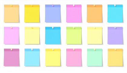 A vibrant array of colorful sticky notes neatly arranged on a clean white background. Represents creativity, organization, brainstorming, and colorful productivity.