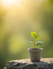 Young Plant in Pot on Stone Surface with Sunlit Background, Symbolizing Growth and Renewal in Nature