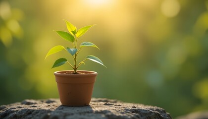 Young Green Plant in a Terracotta Pot on Sunlit Wooden Surface with Soft Focus Background