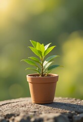 Young Green Plant in Terracotta Pot on Stone Surface with Soft Focus Greenery Background in Natural Sunlight