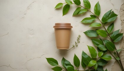 Eco-Friendly Reusable Coffee Cup with Green Leaves on Textured Neutral Background for Sustainable Lifestyle Concept