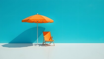 Minimalist Summer Scene with Orange Beach Chair and Umbrella Against Vibrant Blue Wall