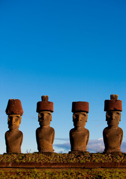Moais in ahu nau nau at anakena beach, Easter Island, Hanga Roa, Chile