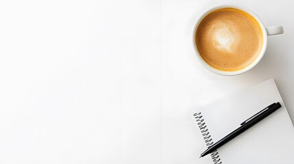 Top View of Coffee Cup and Notebook with Pen on White Background for Creative Workspace Inspiration