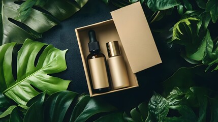 Luxurious Skincare Products in Elegant Packaging Surrounded by Lush Green Tropical Leaves for Natural Beauty Concept