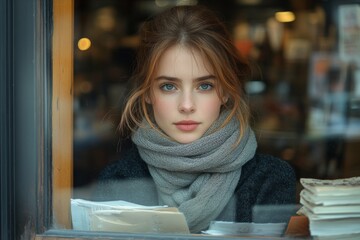 Thoughtful Woman Behind Shop Window