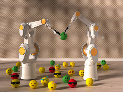 Robotic arms tidying up playful emoji spheres in a modern room