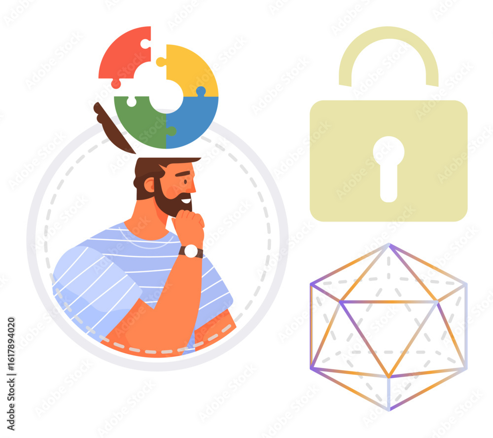 Aufkleber man thinking with puzzle-brain image, secure padlock, and geometric structure. ideal for problem-sol