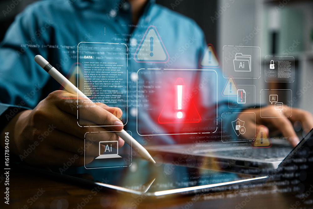 Poster cyber security risk concept, system alert on interface, hacking, it system breach, ai-powered securi