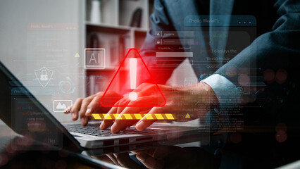 Cyber security risk concept, system alert on interface, hacking, IT system breach, AI-powered security alert.
